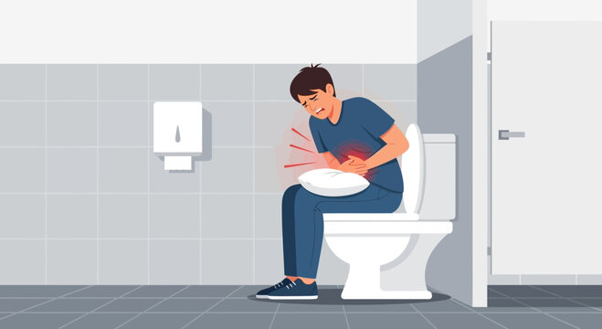 Man Suffering Abdominal Pain in a Restroom Depicts Health Struggles Symbolically