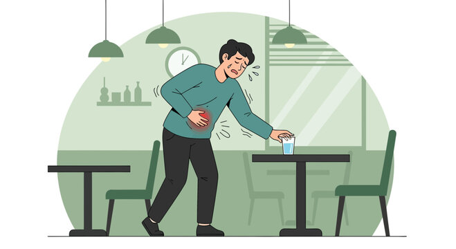 Man Experiencing Stomach Pain, Reaching for Water, Appearing Unwell in a Restaurant