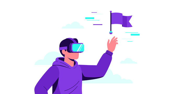 Man in VR Headset Reaching for a Flag, Virtual Reality Achievement and Metaverse Goal Concept Illustration