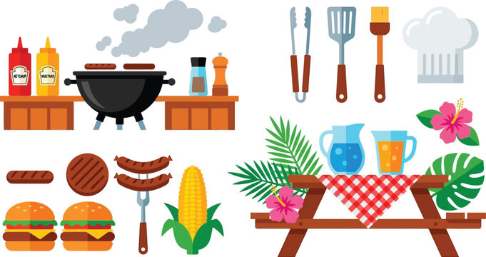 Barbecue grill and picnic table equipment are featured in this collection of outdoor cooking and summer party items.