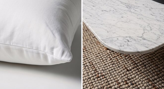 Close-up of a plush white pillow next to a modern marble coffee table on a textured jute rug, clean interior design detail.