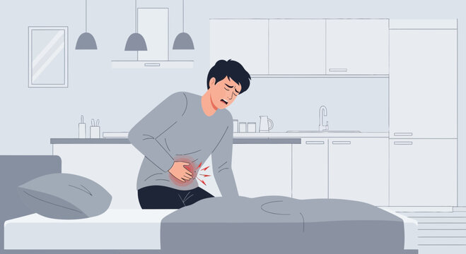 Man Experiencing Severe Abdominal Pain in His Home, Conceptual Illustration Showing Illness