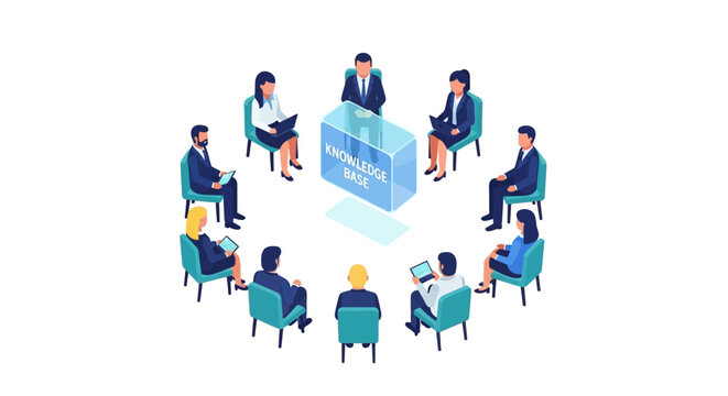 Isometric Business Professionals Meeting Around Digital Knowledge Base for Collaborative Data Sharing and Corporate Information Management