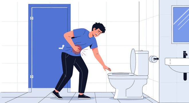 Man In Bathroom Suffering Abdominal Pain And Rushing To Use The Toilet