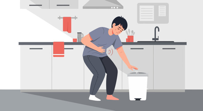 Man Experiencing Stomach Pain in a Kitchen, Holding His Abdomen and Reaching Disposal