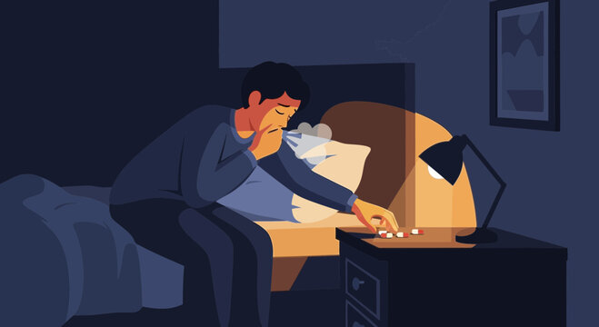 Man In Bed Reaching For Pills Late At Night In Dark Room With Lamp Lighting