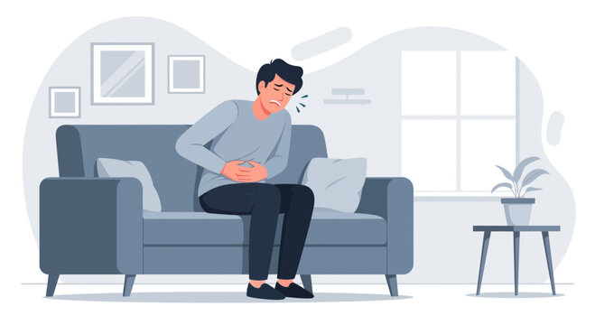 Man Suffering From Abdominal Pain on Couch, Conceptual Illustration of Sickness