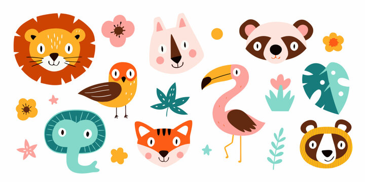 stylized animal collection colorful vector illustration on white background