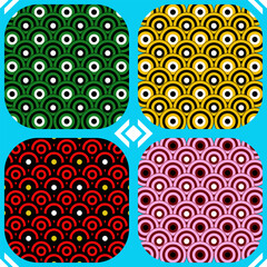 Abstract Asian Geometric Pattern Set with Colorful Scale Motifs on Blue Background From KawiKan. © KawiKan Gallery