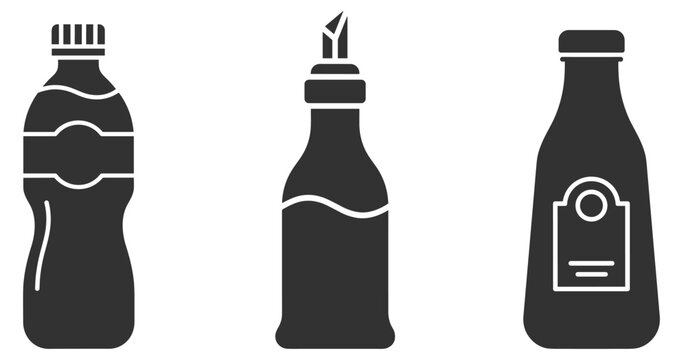 three different condiment bottles icons set illustration on transparent background