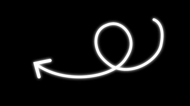 Black curly arrow hand drawn shape pointing left for direction pointer, guide navigation and symbol on  isolated, editable illustration creative dynamic transparent background.