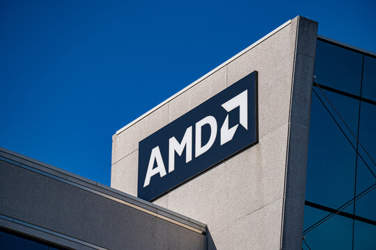 View of AMD logo on modern office building. Markham, Canada - May 30, 2026.