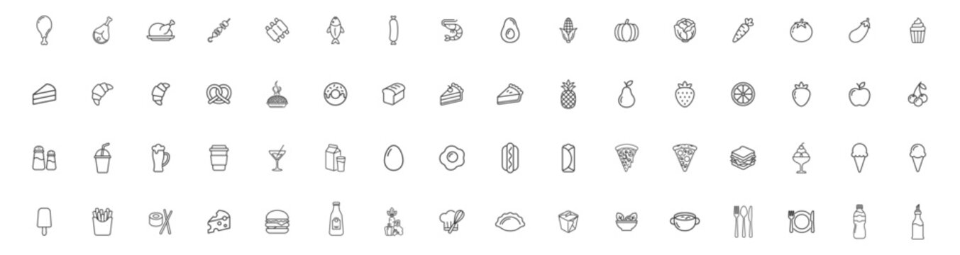set of 53 thin line food and drink icons with various fruits, vegetables, snacks, beverages and utensils on transparent background