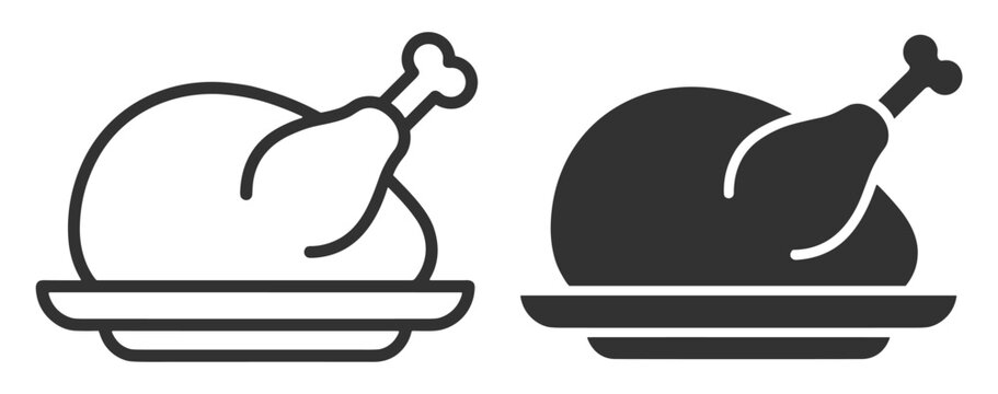 roasted chicken with drumstick on plate set of black and outline icons on transparent background
