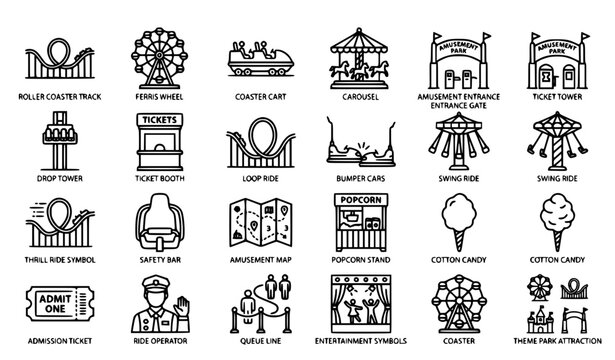 Roller Coaster Amusement Park Black Outline Icons Set Featuring Theme Park Rides Entertainment and Attraction Symbols
