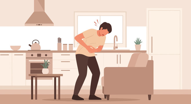 Man Experiencing Stomach Pain in Kitchen, Illustrating Discomfort with a Conceptual Visual