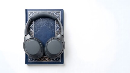 Obraz premium Premium Wireless Noise-Canceling Headphones on Islamic Geometric Notebook - White Studio Background
