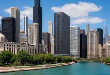Naklejka premium Beautiful Chicago skyline and skyscrapers looking across the blue water of Lake Michigan