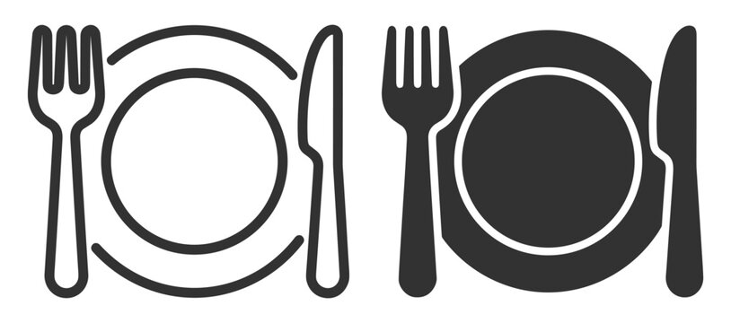 cutlery and plate icon set in filled and outline styles on transparent background