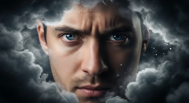 Intense male portrait with cosmic dramatic atmosphere.