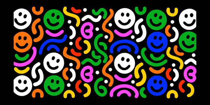 Colorful smiley faces and abstract shapes pattern on black background