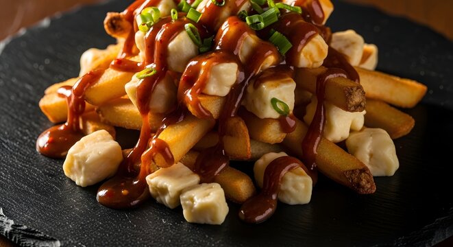 Delicious poutine dish with cheese curds and gravy on a black plate