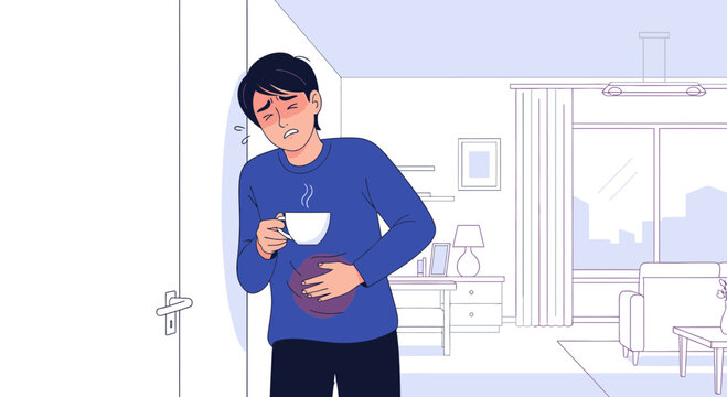 Man Experiencing Stomach Pain While Drinking Hot Tea in His Home Environment, Illustration