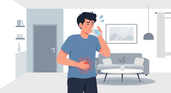 Man Experiencing Stomach Pain While Drinking Water In A Modern, Minimalist Interior Scene