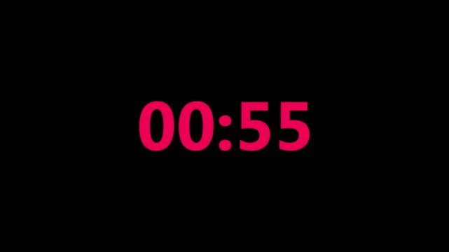 Vintage LED digital clock one minute countdown timer, counting from one one minute to zero, 60 second countdown, retro style clock, black background footage. Digital clock or calculator numbers .
