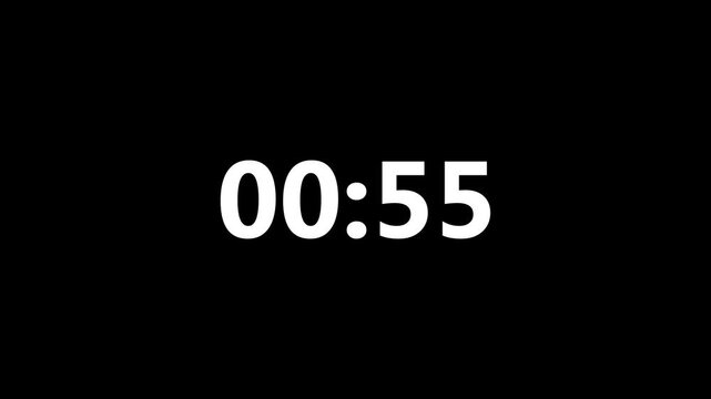 Vintage LED digital clock one minute countdown timer, counting from one one minute to zero, 60 second countdown, retro style clock, black background footage. Digital clock or calculator numbers .