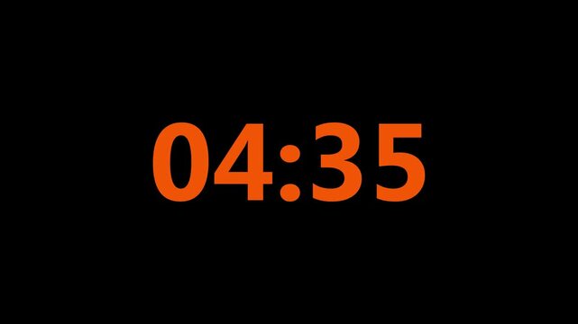 4K countdown animation, 5 minutes displays a timer counting down minutes and seconds, green backround. On the face of the clock marked red sector a 5 minute
