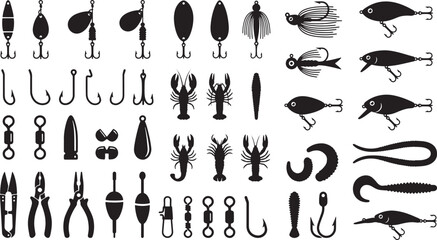 Mega collection of fishing tackle and lures silhouette icons with hooks, baits, and tools © Open Expression