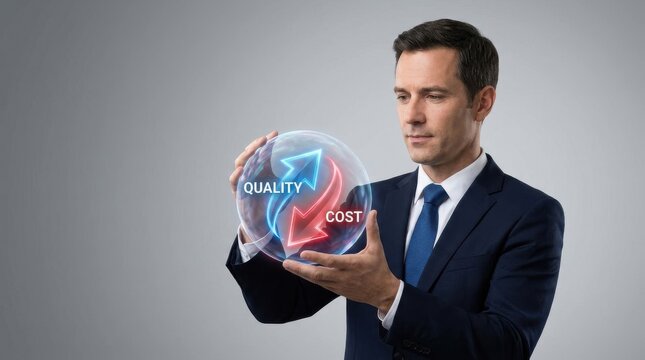 Man holding bubble with quality up cost down arrows for corporate KPI improvement.