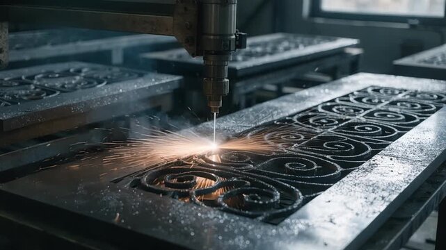 Medium shot of a laser cutting machine shaping ornate decorative grill patterns capturing the intricate curves and glowing laser beam in a workshop setting