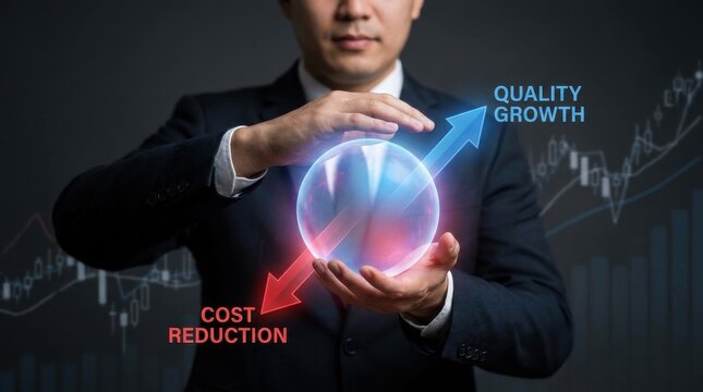 Businessman balancing quality growth and cost reduction with glowing arrows.