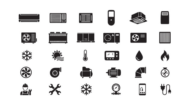 Set of HVAC and Air Conditioning System Icons in Flat Style