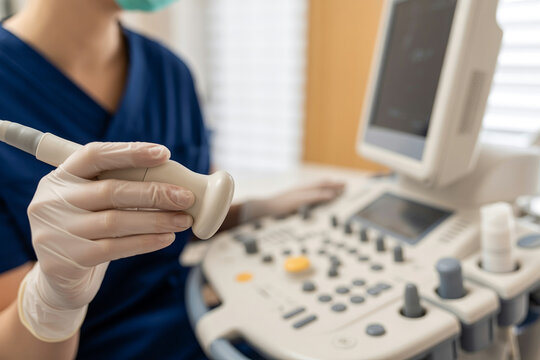 Medical professional using ultrasound machine for diagnostic scanning in clinic.