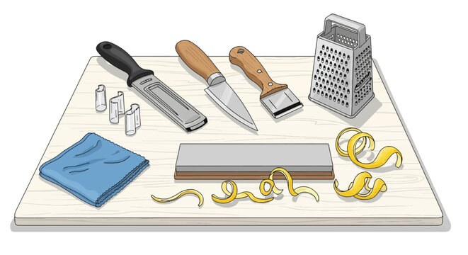 Kitchen tools for gourmet cooking: grater, peeler, knife, and more on wooden board