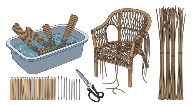 Step-by-step rattan chair weaving process with tools and materials