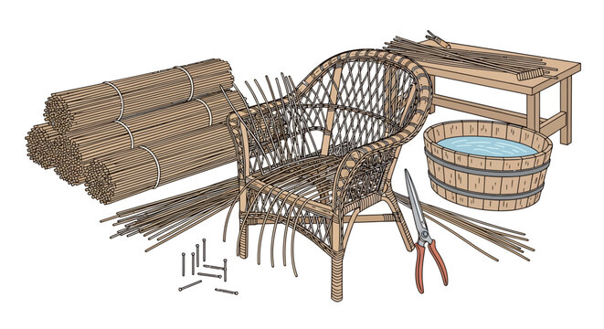 Crafting wicker furniture: natural materials and tools in detailed workspace