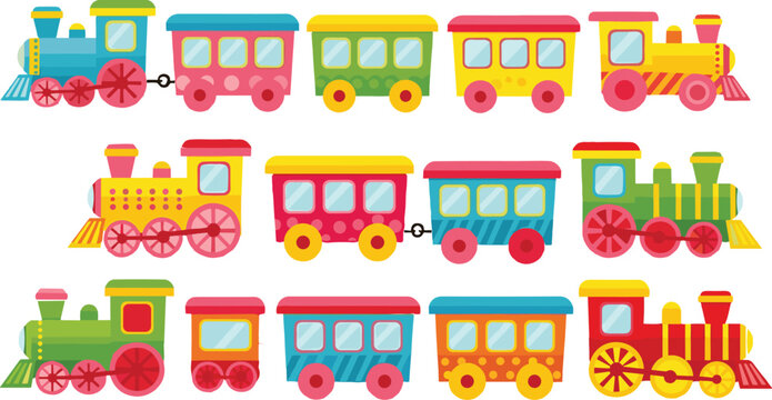 Cute colorful toy train vector set with locomotives and passenger wagons isolated on white background for kids nursery decoration and transport design