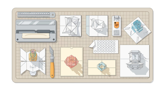 Creative origami desk with papercraft tools and geometric designs