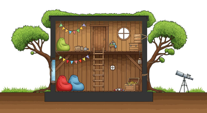 Cozy treehouse interior with rustic design and outdoor telescope