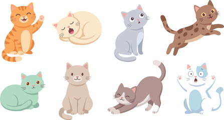 Fototapeta premium Collection of colorful cartoon cats and kittens sitting and playing on white background