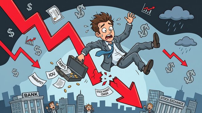 Businessman falling down with banknotes.