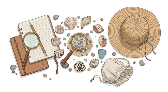 Summer exploration: beachcombing with shells, magnifying glasses, and a straw hat