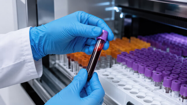 Hand holding a blood sample for automated clinical analysis in a modern laboratory. blood sample tube in an automated laboratory analyzer