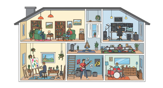Multi-story house cross-section showcasing diverse hobbies and activities in each room