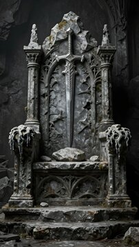 Old, mysterious, stone throne, Gothic, medieval, dark, ancient, ruined chair
