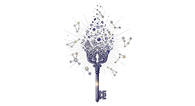 Intricate steampunk key with celestial elements and cosmic symbols